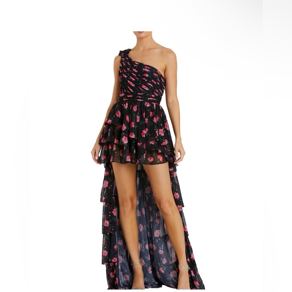 Mac Duggal Black One-Shoulder High-Low Floral Dress with Pink Roses